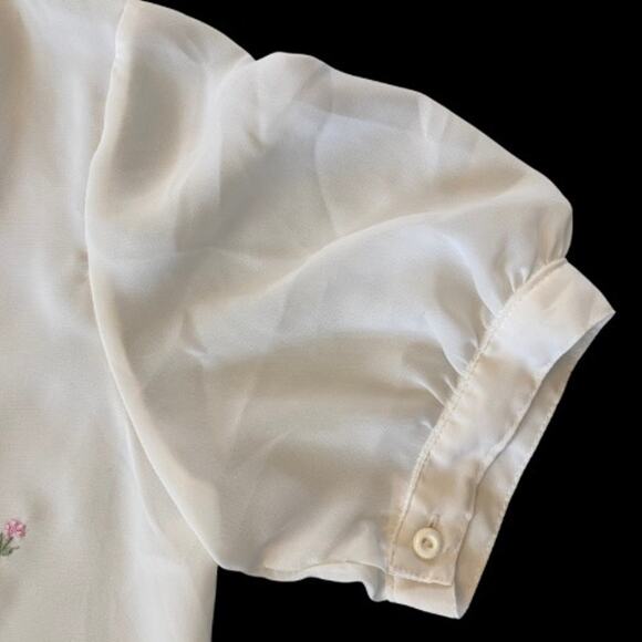 Vintage White Ruffled Embroidered Pink & Green Flowers Sheer Button Down (S) - Picture 4 of 10